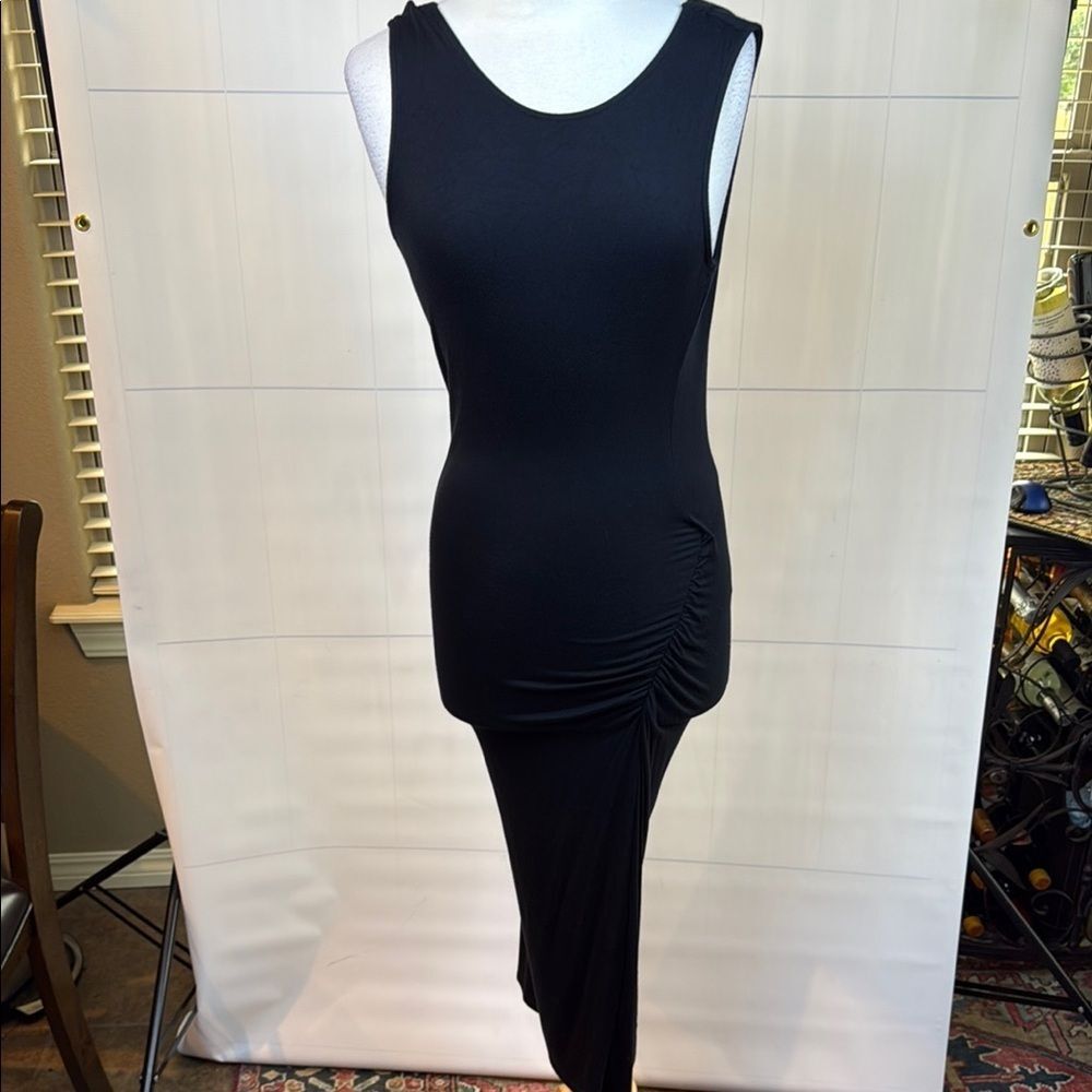 Olivia Grey Black Sleeveless Asymmetrical Dress with Draped Back and Ruching, M